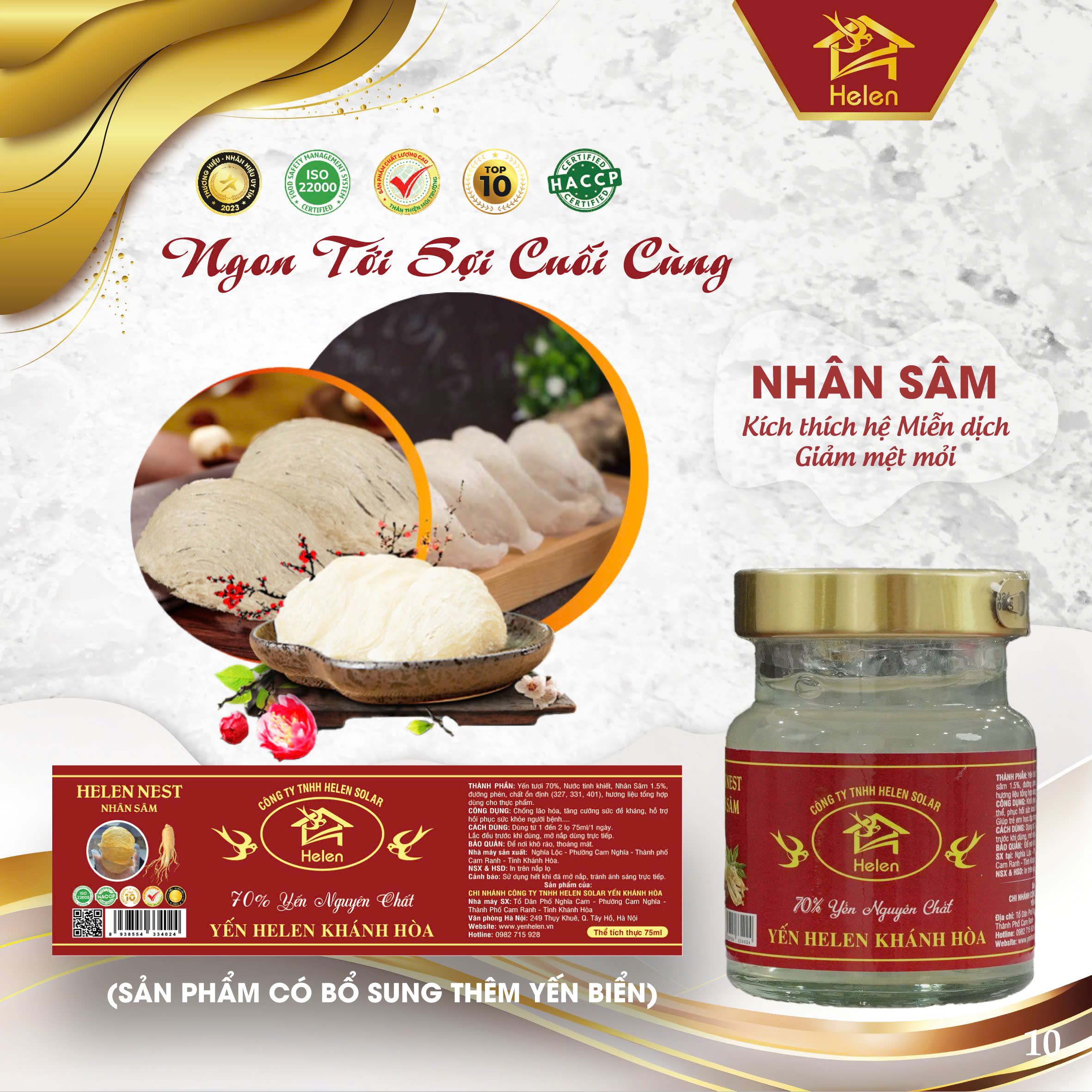 Tổ Yến Chưng Nhân Sâm Helen Khánh Hoà – 70% Sét 10 Hũ Yến Nguyên Chất, Bồi Bổ Sức Khỏe, Tăng Cường Thể Lực Sét 10 Hũ