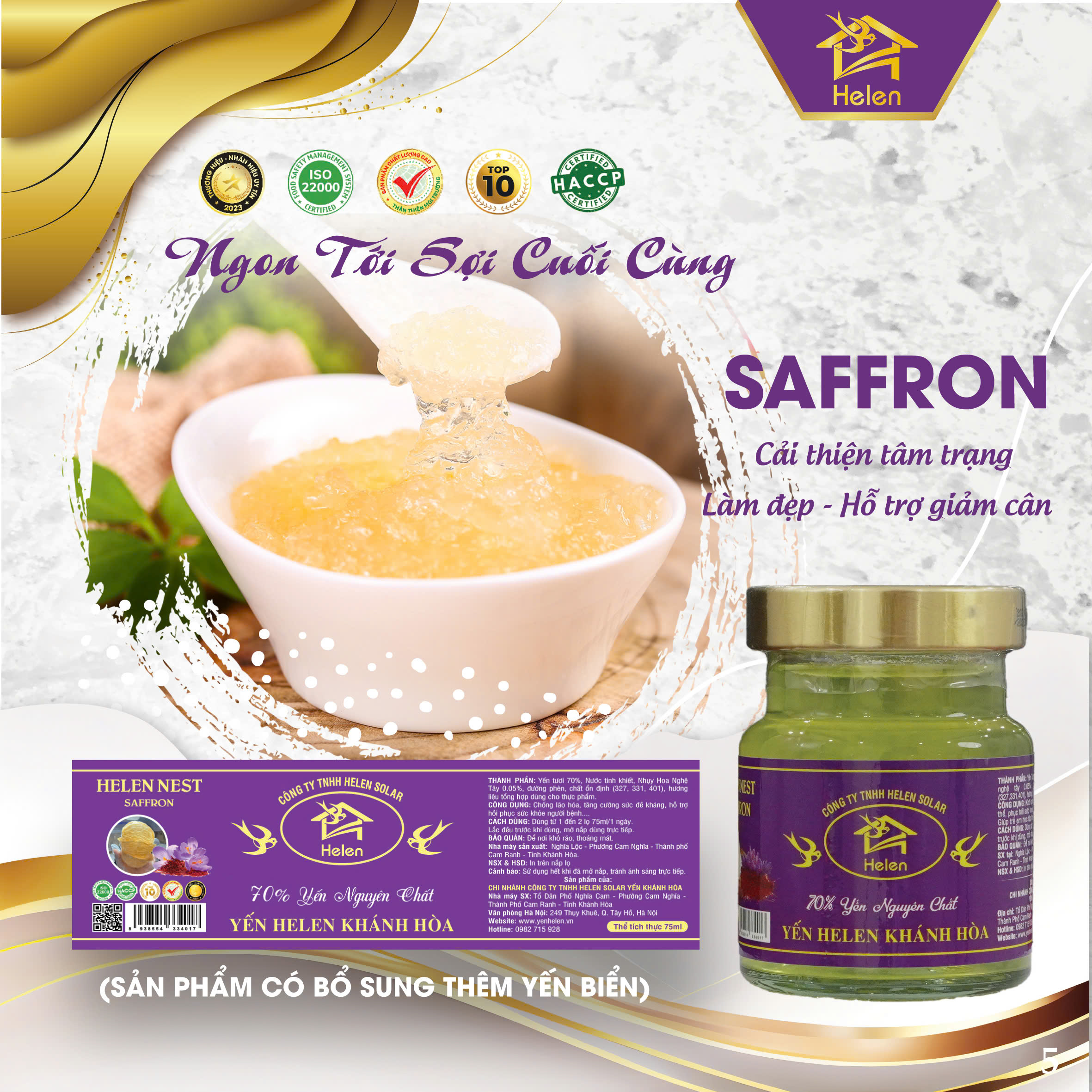 Yến Chưng Saffron Helen Khánh Hoà – 70% Yến Nguyên Chất, Set 10 Hũ 75ml, Dưỡng Nhan Trẻ Khỏe